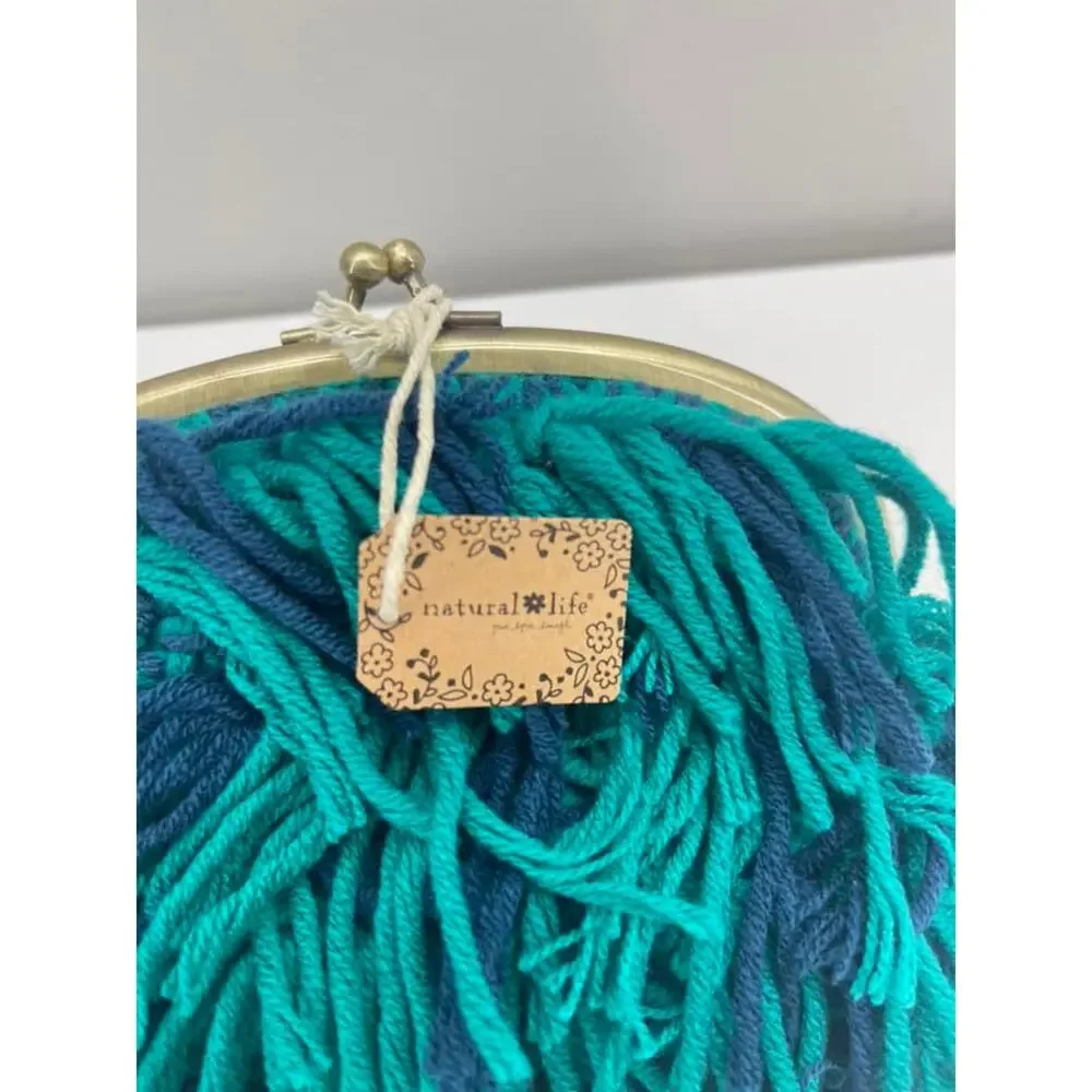 Natural Life Coin Purse Blue Green Crochet Yarn Fringe Pouch Kisslock Artsy Boho